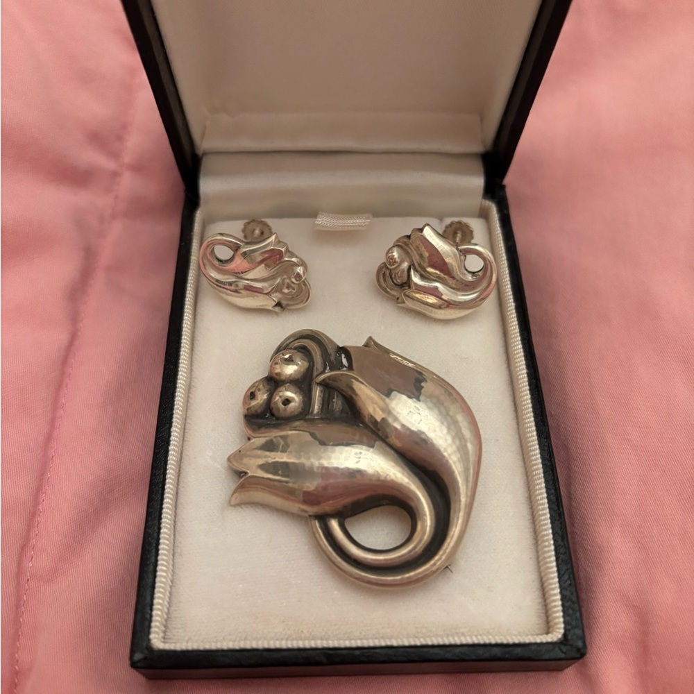 Georg Jensen Elegant Silver Brooch and Earring Set
